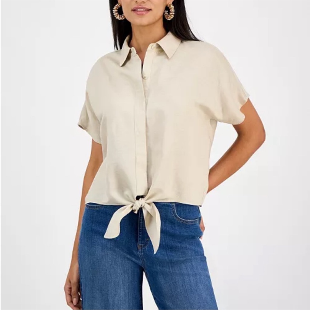 I.N.C. Neutral Linen Blend Boxy Short Sleeve Button Front Top Size Xs